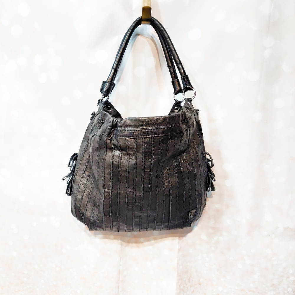 AmeriLeather Fringe Studded Leather Patchwork Hobo - Picture 2 of 8